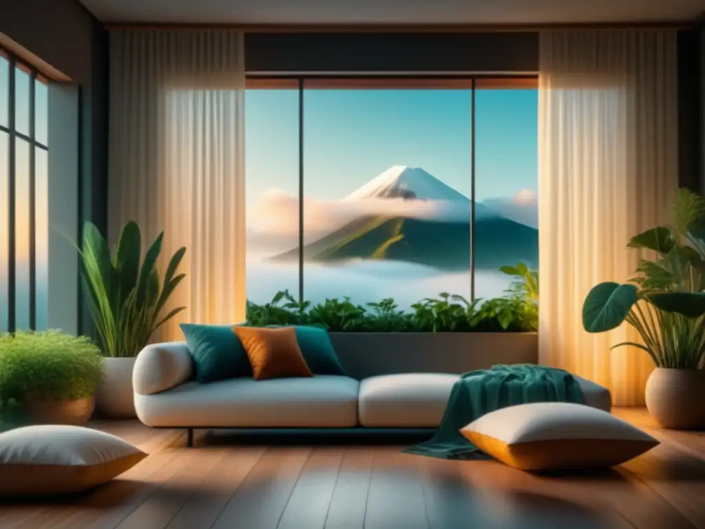 Serenidad en sala de meditación: 8k detallada Un rincón de meditación sereno con luz natural, cojín acogedor y jardín Zen para ejercicios de visualización guiada aliviar estrés