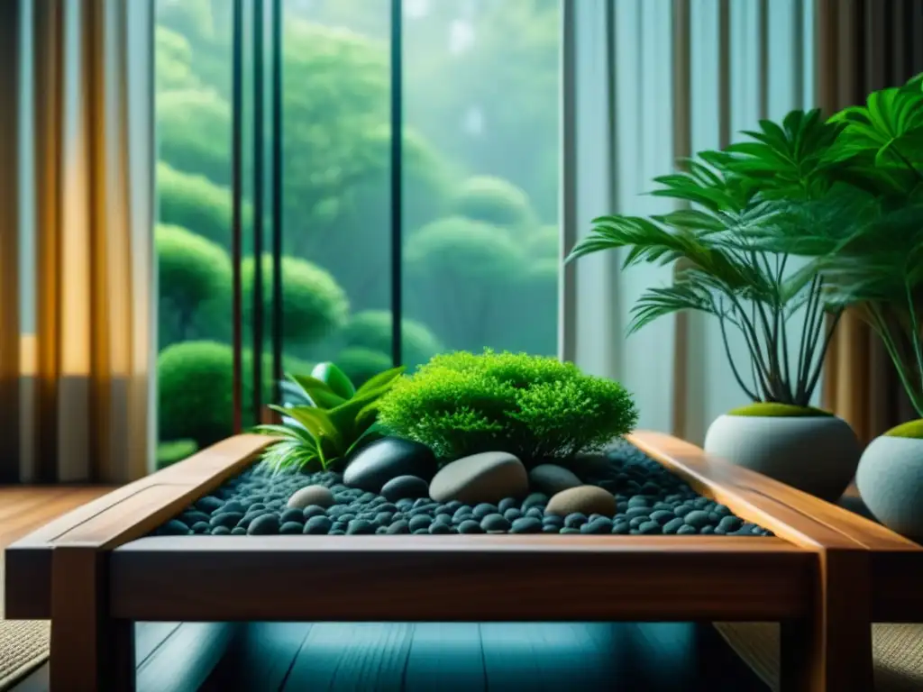 Tranquilo jardín zen interior con agua y vegetación Un jardín zen interior sereno y minimalista con elementos naturales y consejos relajantes para apartamentos pequeños