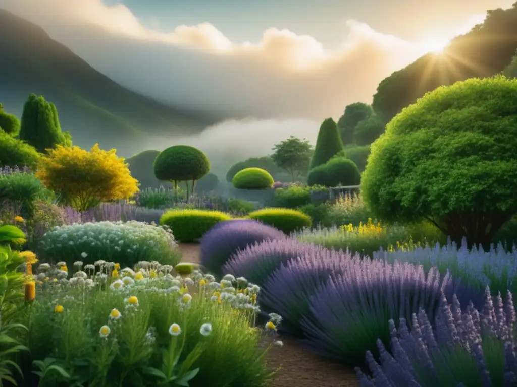 Jardín botánico medicinal: armonía y sanación Un jardín botánico sereno y minimalista con plantas curativas, bañado por la luz dorada del sol