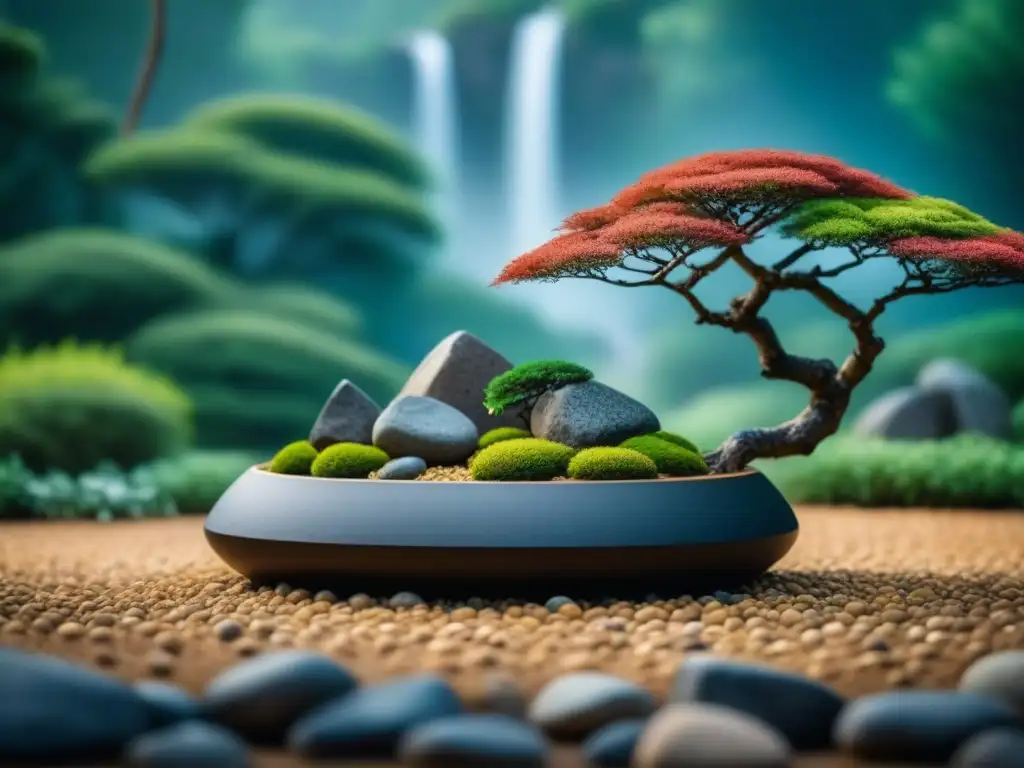 Jardín japonés sereno y minimalista con rocas, bonsáis y luz natural entre hojas de bambú
