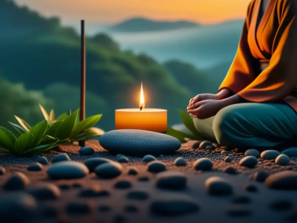 Jardín zen nocturno iluminado por velas, serenidad y armonía Un jardín Zen sereno de noche, iluminado por tenue luz de velas