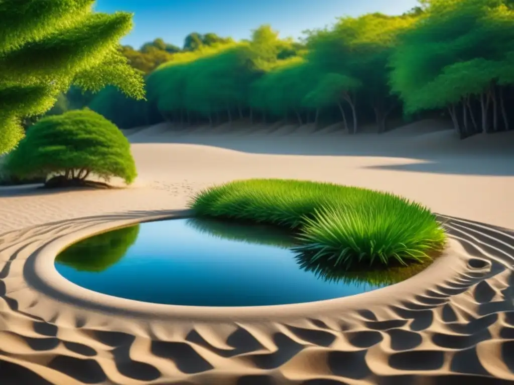 Jardín Zen sereno: cascada y luz en oasis tranquilo Un jardín Zen sereno con patrones en la arena, una cascada y vegetación exuberante