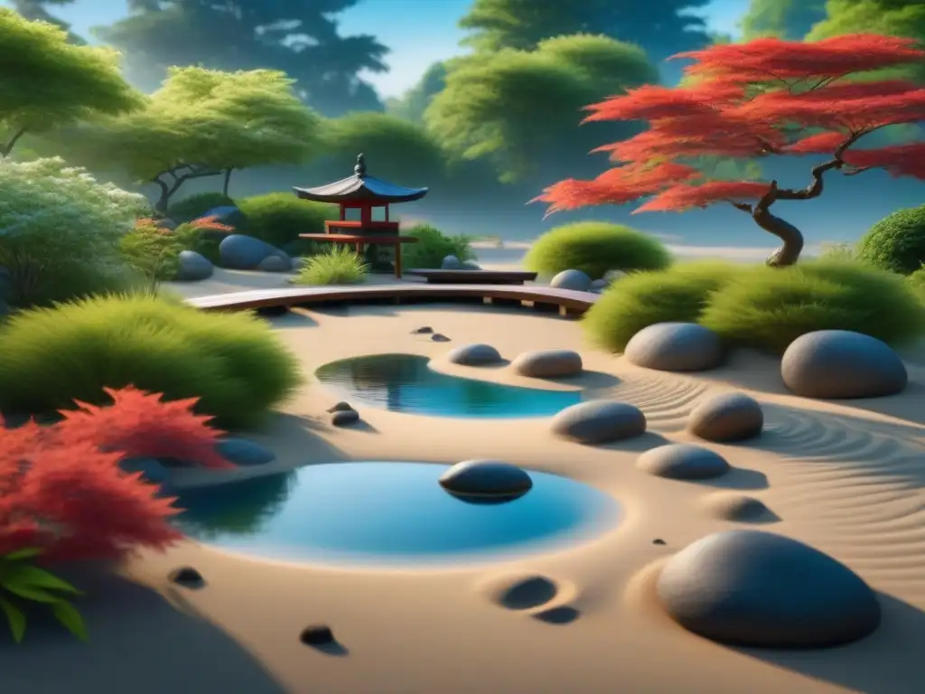 Jardín Zen: Oasis de Calma y Armonía Jardín Zen sereno con patrones en la arena, estanque de peces koi y árboles japoneses rojos