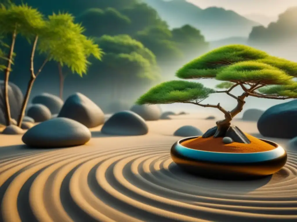 Jardín Zen: armonía y serenidad en diseño minimalista Jardín zen sereno con patrones cuidadosamente rastrillados en la arena, rodeado de piedras suaves y bonsáis