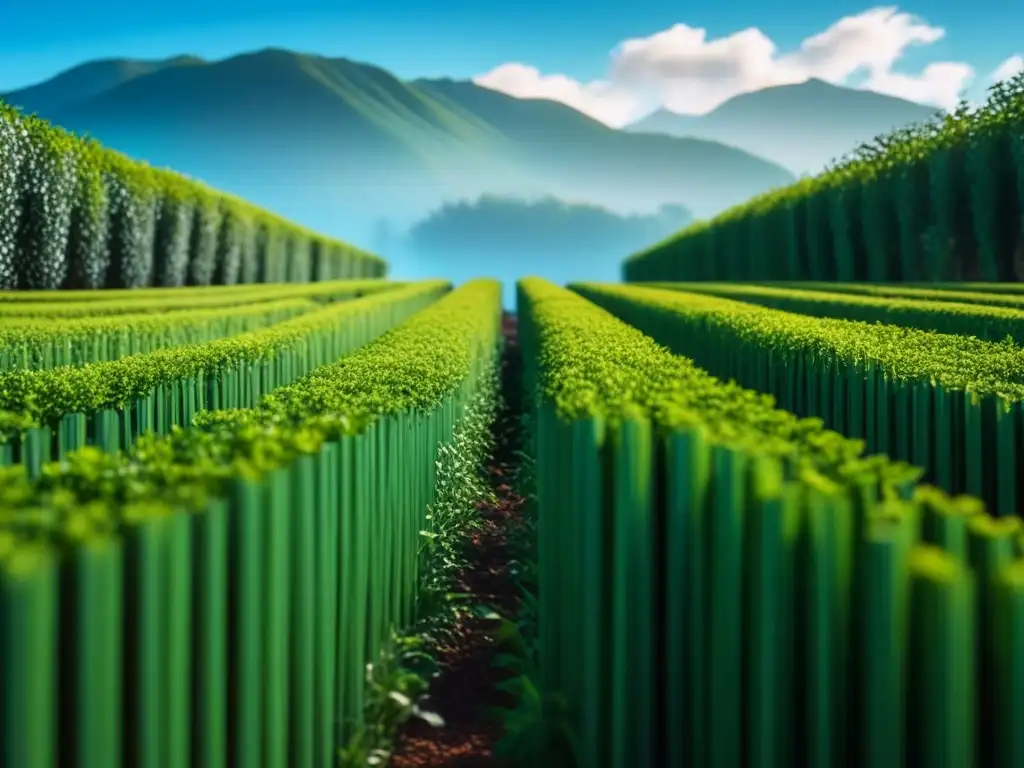 Jardín de Té: Serenidad Verde bajo el Cielo Azul Un jardín de té sereno con plantas de hierbas verdes, transmitiendo paz