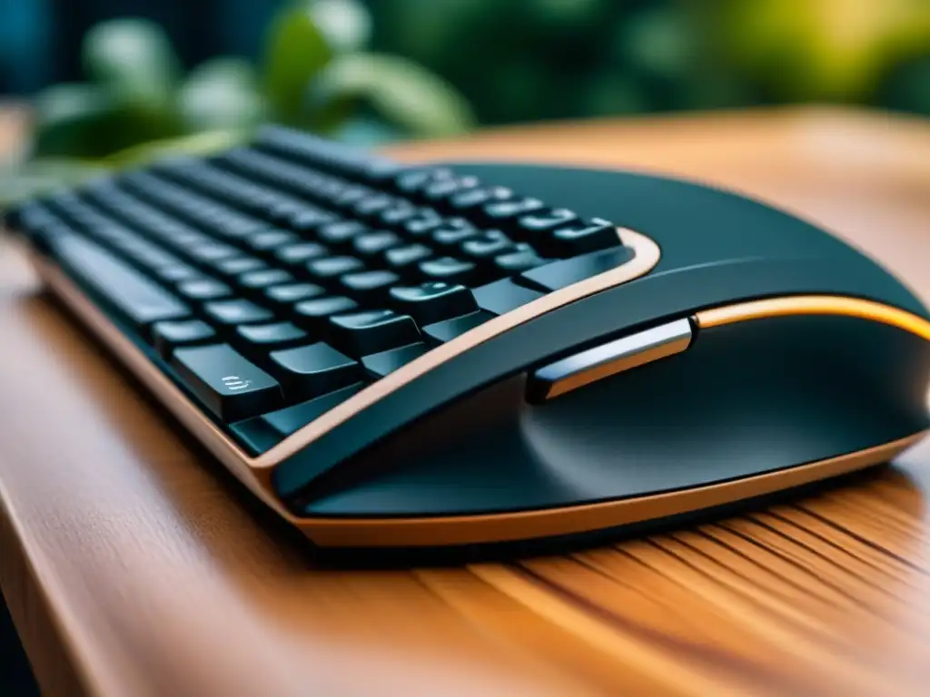 Set de teclado y ratón ergonómico en un escritorio minimalista Un set ergonómico de teclado y ratón en un escritorio minimalista y relajante