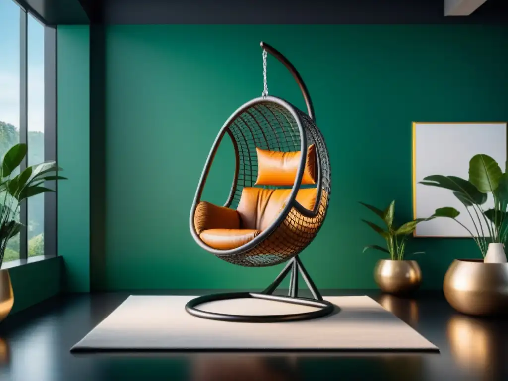 Silla colgante de lujo en entorno sofisticado Silla colgante de lujo en espacio exterior elegante con vegetación exuberante y luz ambiental suave