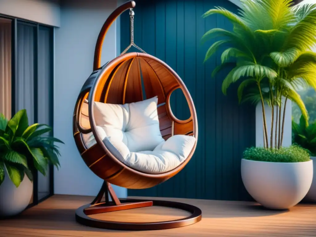 Silla colgante de lujo en madera de caoba para exteriores Silla colgante de lujo en madera de caoba con cojín blanco, suspendida en un elegante patio soleado