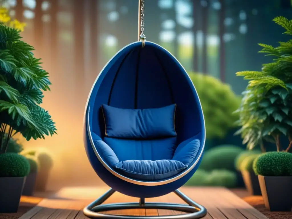 Silla colgante de lujo en jardín sereno Silla colgante de lujo en jardín sereno con cojín azul profundo y marco metálico elegante