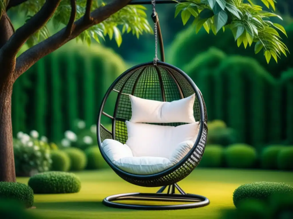 Silla colgante de lujo en jardín exuberante Silla colgante de lujo en jardín sereno con exuberante vegetación y luz suave, invitando a relajarse con estilo