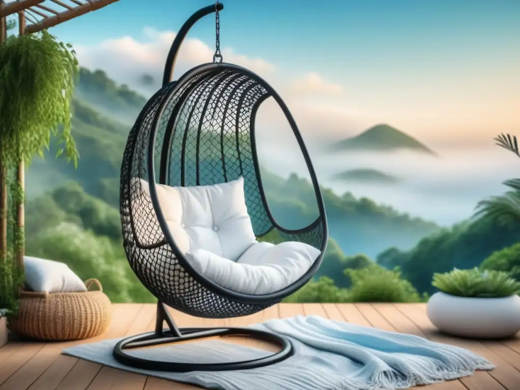 Silla colgante de ratán blanco y cojines esponjosos Silla colgante de lujo tejida en rattan blanco con cojines y manta blanca, suspendida en marco negro con fondo de vegetación y cielo azul