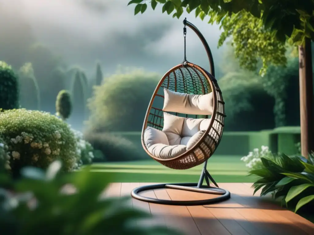 Silla colgante de lujo en jardín exuberante Silla colgante de lujo en jardín verde, elegante y relajante