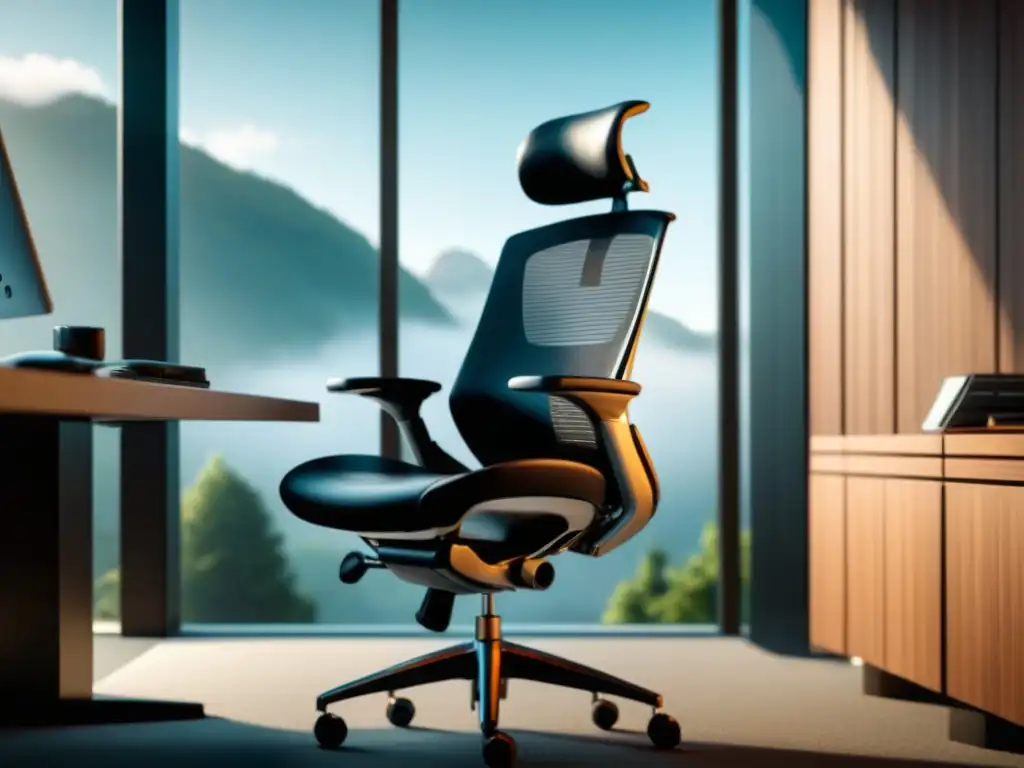 Silla ergonómica moderna en oficina minimalista Silla ergonómica para máximo confort en un ambiente minimalista y profesional con vista exterior serena