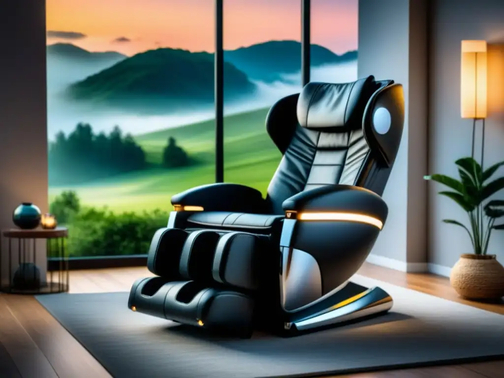 Silla de masaje de alta gama en cuero negro lujoso con tecnología avanzada, panel LED, vista panorámica