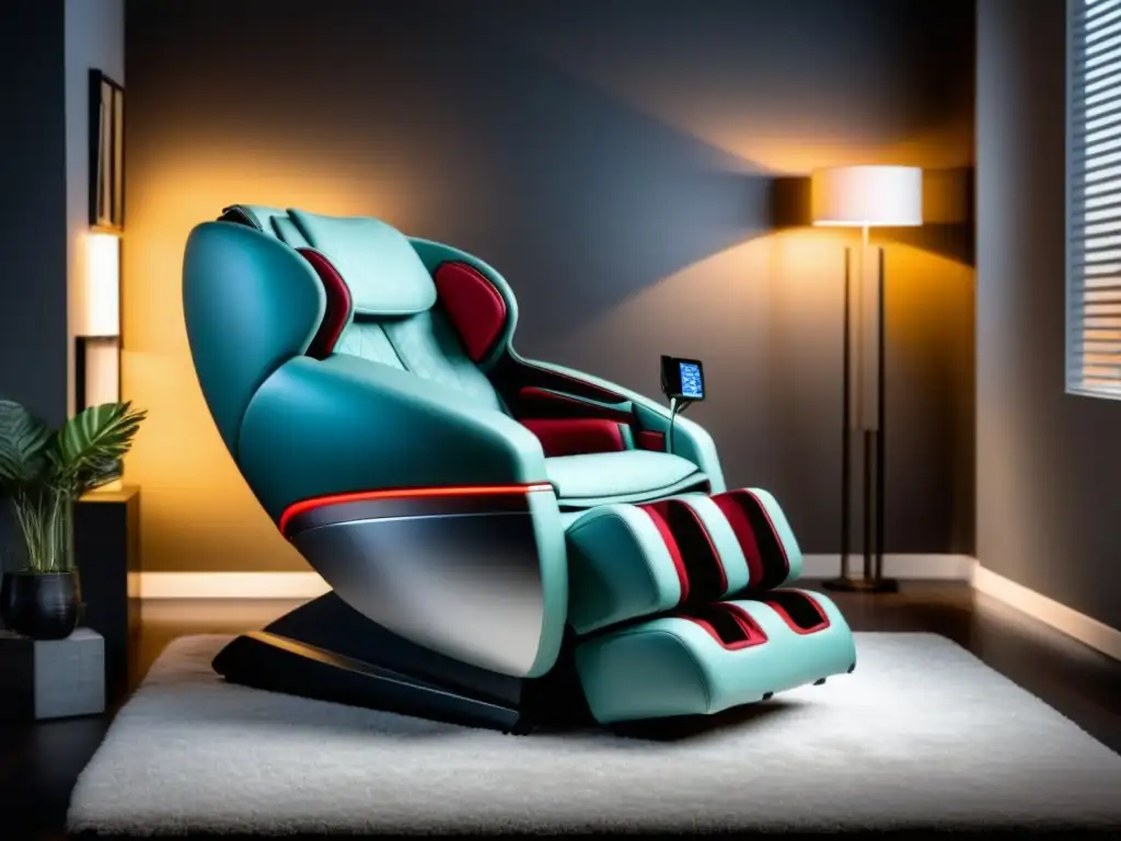 Silla de masaje de alta gama con diseño futurista y lujo en elegante sala iluminada
