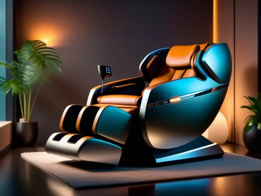 Silla de masaje de alta gama en entorno lujoso y relajante, con materiales premium y diseño sofisticado