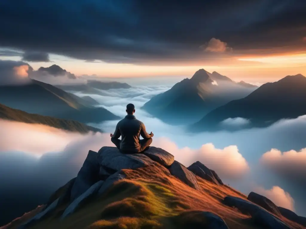 Meditación al amanecer: paz y claridad en la cima Silueta meditando al amanecer en la cima de una montaña, rayos de luz entre nubes, paz y claridad, técnicas de meditación para liderazgo