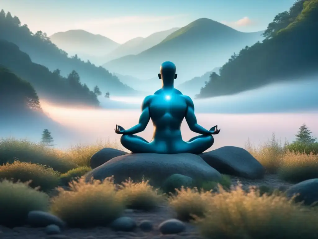 Silueta humana meditando en armonía con la naturaleza, rodeada de líneas suaves que simbolizan la respiración para equilibrio hormonal