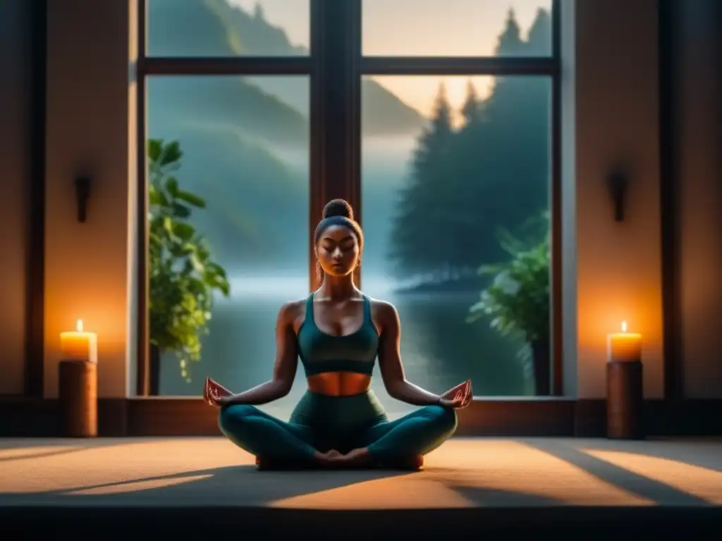 Mediación serena con luz de velas y calma interior Silueta en meditación con luz de velas y sol, creando un ambiente sereno de atención plena y beneficios