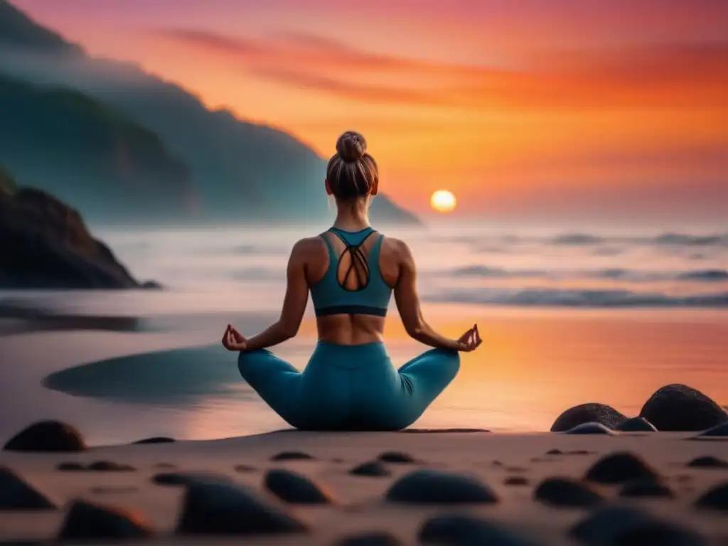 Yoga al atardecer: Serenidad en la playa Silueta de persona en postura de guerrero practicando yoga en playa al atardecer