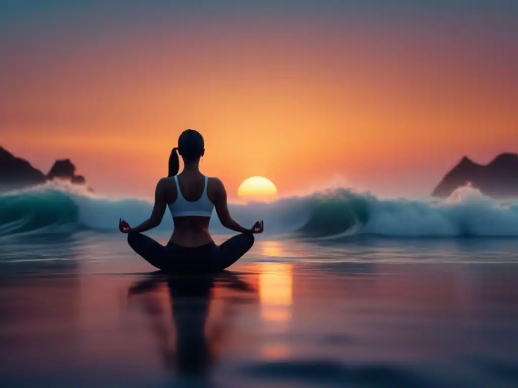Meditación musical al atardecer: yoga en armonía Silueta en postura de yoga rodeada de ondas sonoras, con atardecer tranquilo