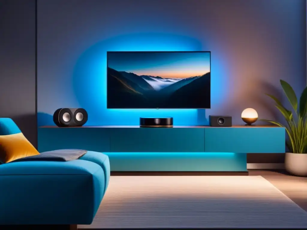 Moderno sistema de entretenimiento para el hogar: lujo y relajación Un sistema de entretenimiento moderno con altavoces de alta calidad, amplificador y pantalla mostrando escenas naturales relajantes
