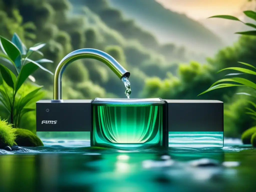 Filtro de agua moderno y sustentable en entorno natural Un sistema de filtración de agua verde, innovador y elegante, en armonía con la naturaleza