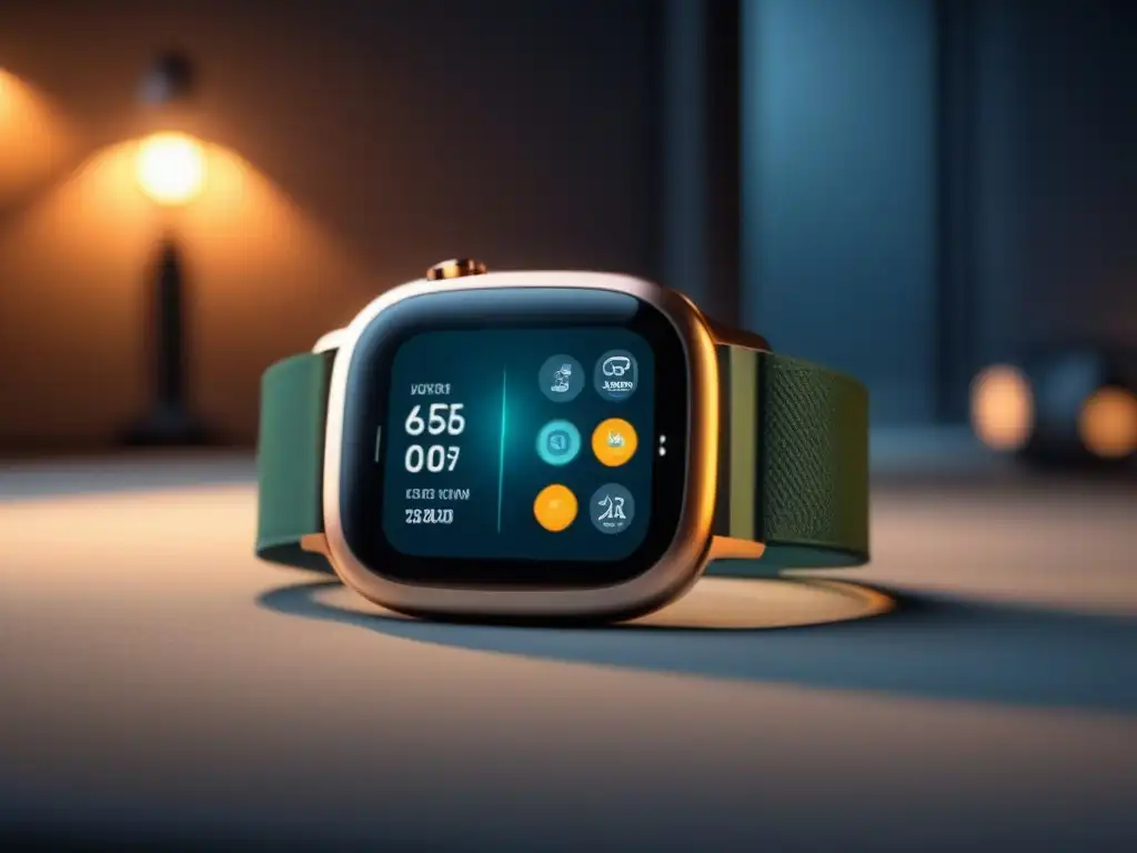 Smartwatch elegante muestra datos de sueño en ambiente oscuro Smartwatch elegante muestra datos de monitoreo del sueño en una habitación oscura, clave en dispositivos monitoreo sueño insomnio