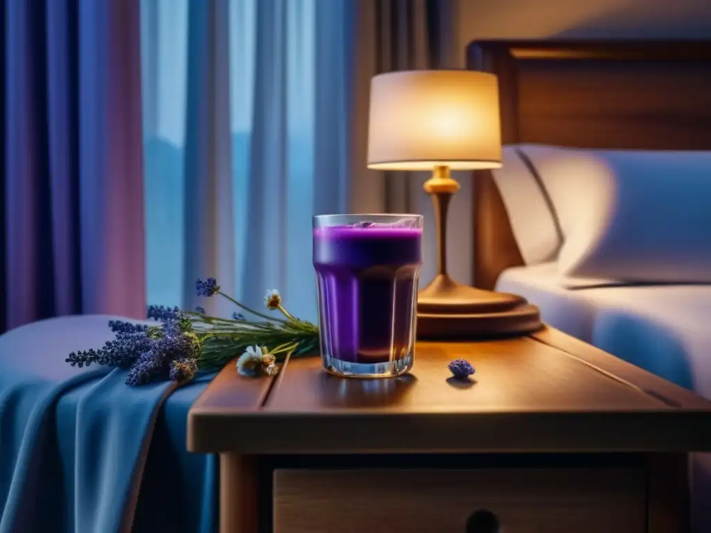Smoothie de lavanda en mesita de noche iluminada por la luna Un smoothie relajante para dormir mejor, con lavanda y manzanilla, en una noche serena iluminada por la luna