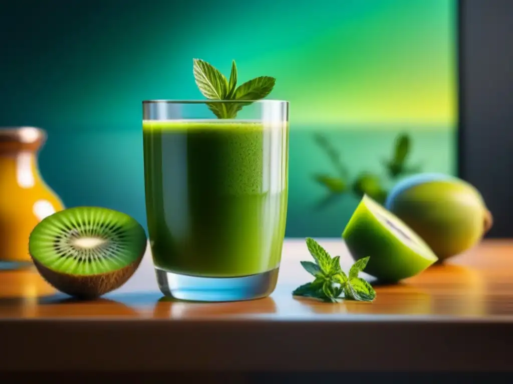 Smoothie verde: frescura y calma con kiwi y menta Un smoothie verde refrescante con kiwi y menta, iluminado suavemente