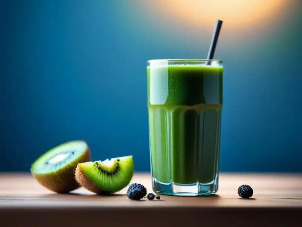 Deliciosa imagen de batido verde con chia y kiwi Un smoothie verde relajante, decorado con chía y kiwi fresco, sobre un fondo degradado en tonos verdes y azules