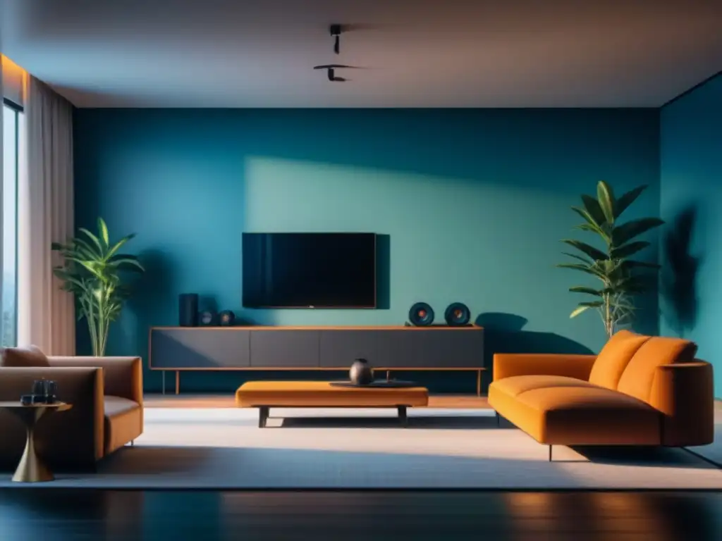 Sonido ambiental de alta fidelidad en elegante configuración de entretenimiento en casa