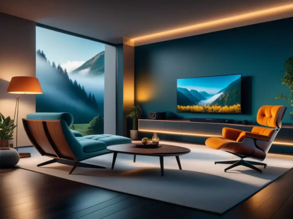 Diseño sonido hogar relajación: Sala moderna con sistema de sonido integrado, iluminación ambiental y muebles minimalistas