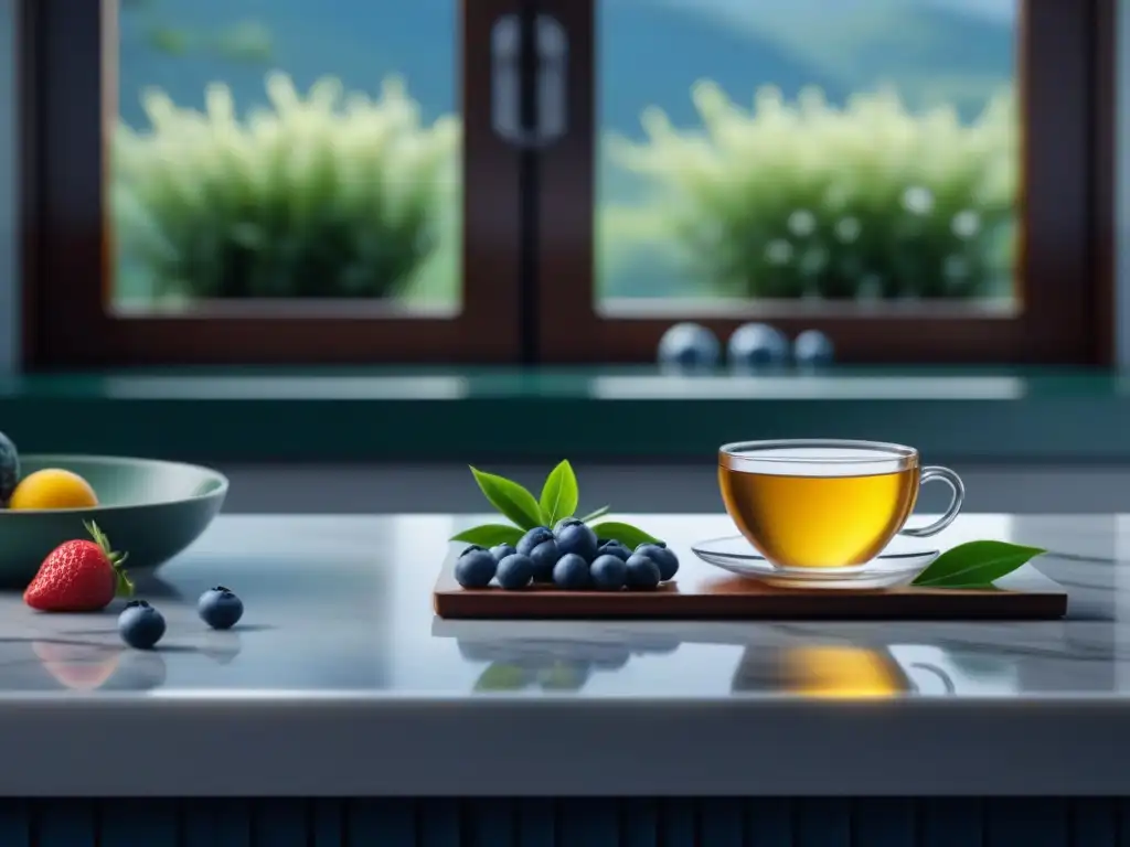 Spa en Casa: Té Verde, Frutas y Relajación Un rincón de spa en casa sereno y minimalista con suplementos antioxidantes para relax en casa