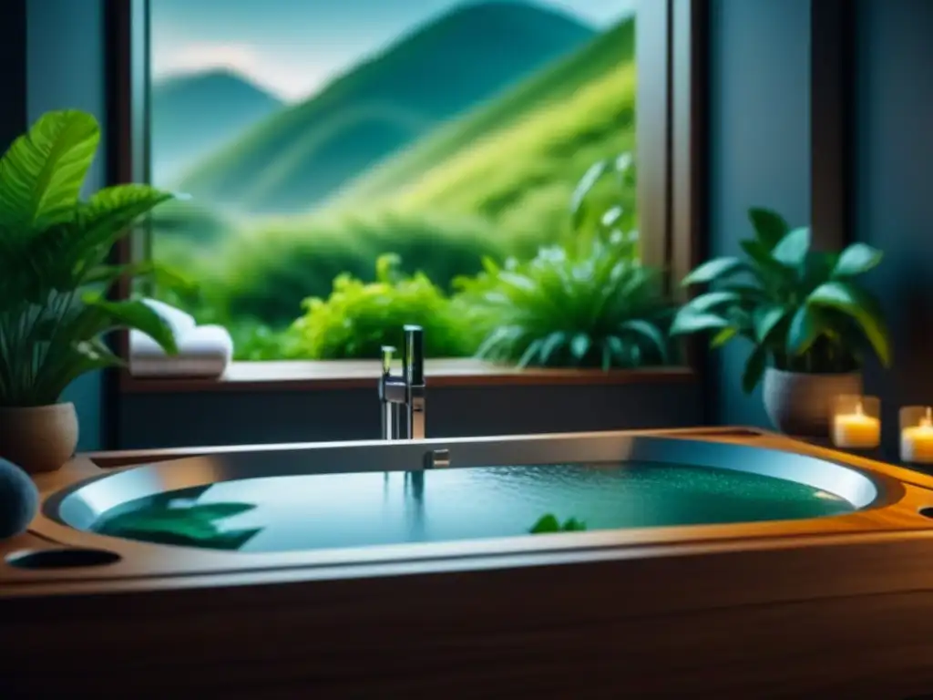 Baño de spa relajante con bañera moderna y burbujas Un spa casero para una piel radiante: baño sereno con bañera moderna llena de burbujas, plantas verdes y productos de spa