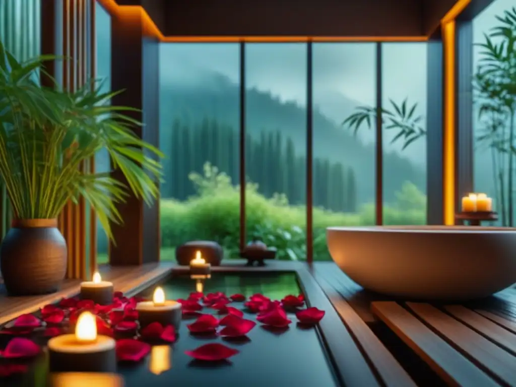 Spa japonés con baño de rosas y velas: oasis de relajación en casa Spa elegante con bañera japonesa, pétalos de rosa y velas