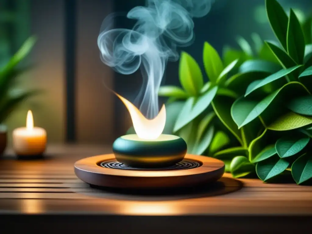 Spa de lujo: difusor de aceites esenciales en entorno relajante Un spa lujoso con difusor de aceites esenciales en un ambiente sereno y relajante