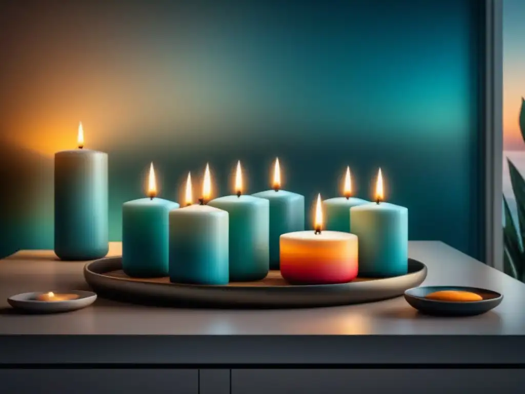 Un spa minimalista con velas y difusores coloridos, combina aromas y colores relajantes