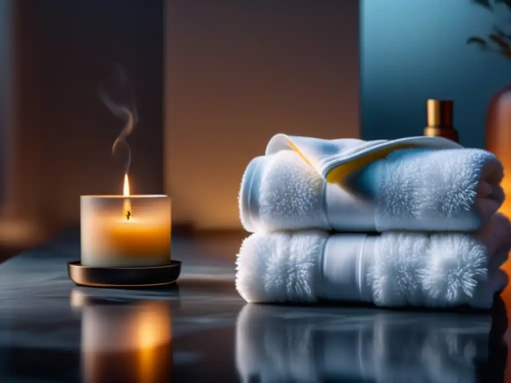 Ritual de cuidado: spa minimalista con productos de lujo Un rincón de spa sereno con productos de cuidado de la piel, toalla blanca y velas encendidas