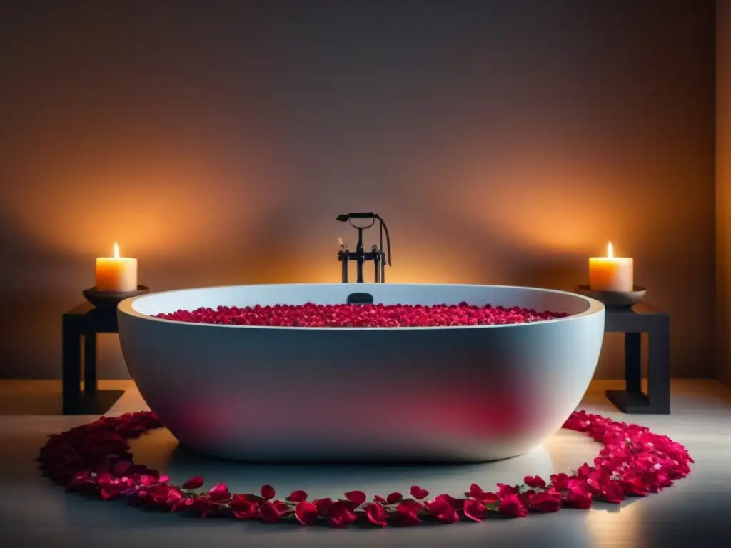 Spa de lujo con bañera de rosas para relajación Un spa tranquilo con bañera lujosa llena de pétalos de rosas, velas y toallas, ideal para relajarse con alimentos antiestrés para relajarse