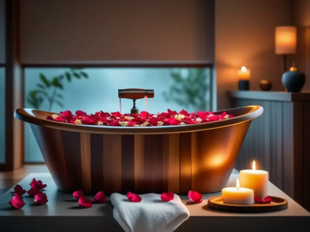 Spa relajante: bañera de madera con pétalos de rosa y velas Un spa tranquilo con bañera de madera, pétalos de rosa, velas y toallas blancas