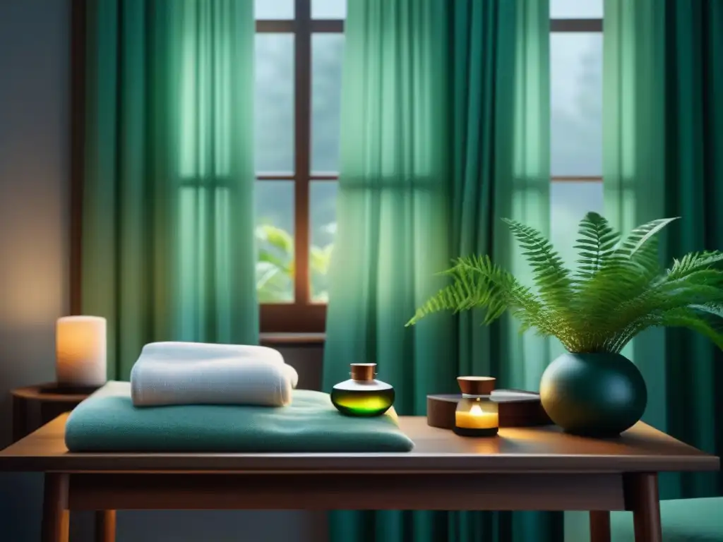 Escena relajante de spa con difusor de aromaterapia Un spa tranquilo con difusor aromático, luz suave y plantas