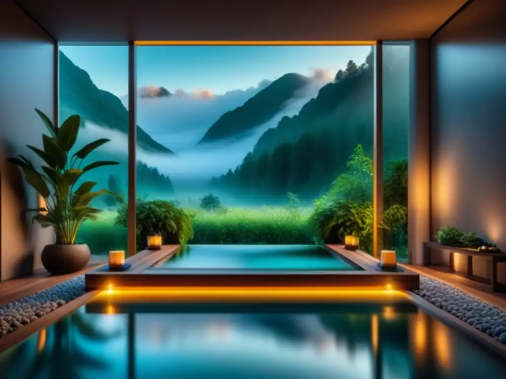 Reflejo de serenidad: Spa con espejo elegante y verdor Un spa tranquilo con un espejo elegante que refleja iluminación suave y vegetación exuberante, creando un efecto psicológico de los espejos