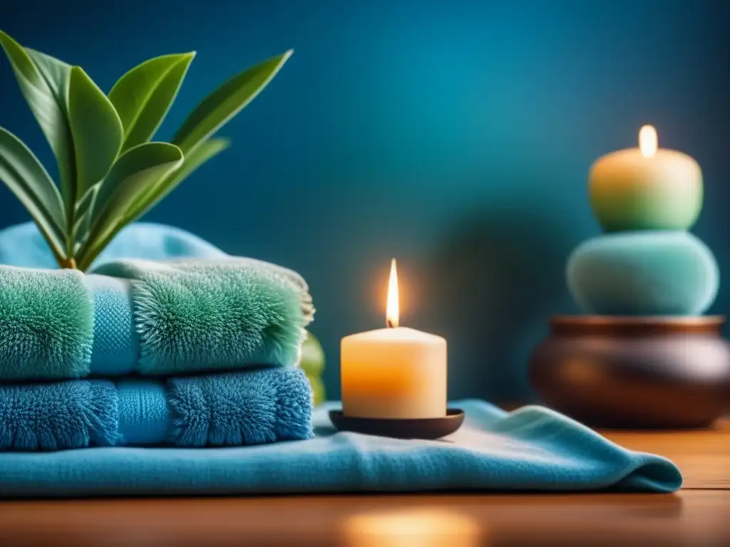 Un spa tranquilo con tonos azules y verdes, decoración minimalista y una planta