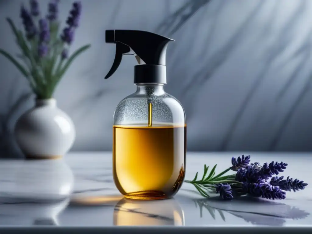 Botella de spray de vidrio con líquido pastel en mármol blanco Un spray ambiental relajante para hogar en un elegante frasco de vidrio, sobre mármol blanco, junto a lavanda, irradiando calma y serenidad