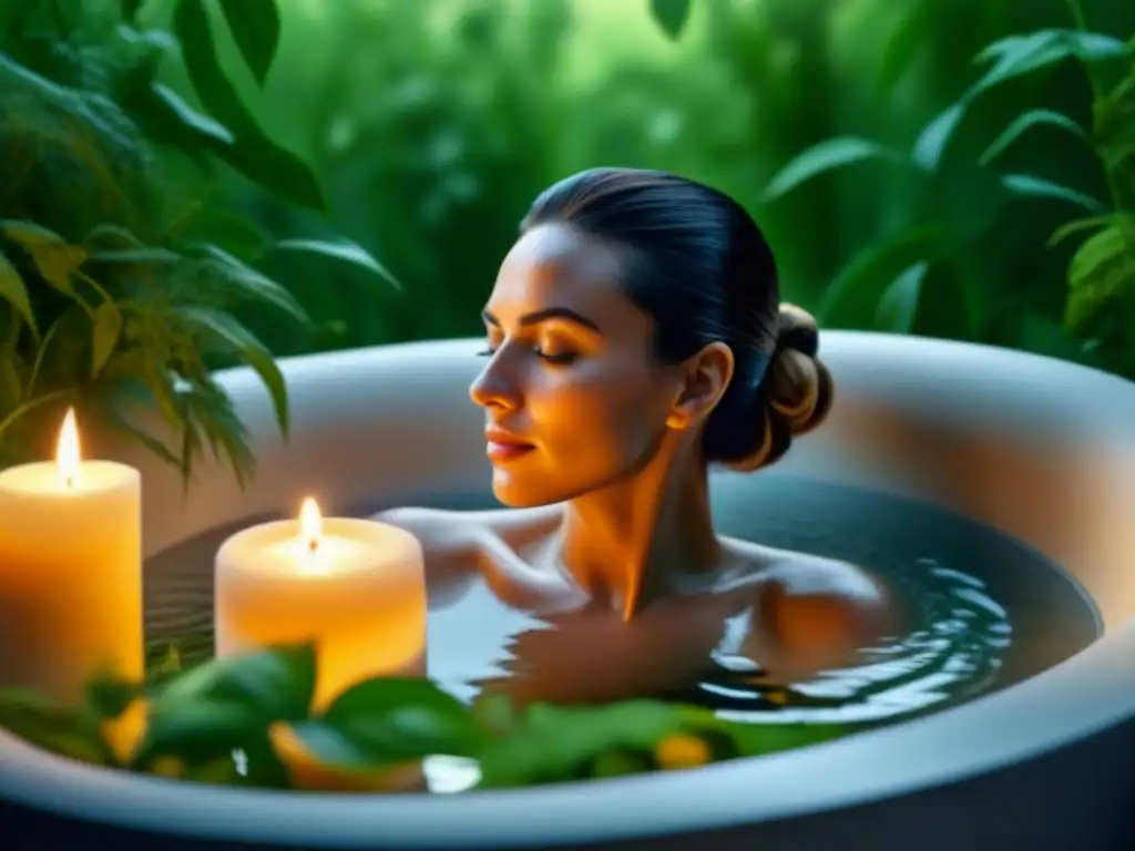 Sumérgete en la serenidad de un baño herbal relajante, rodeado de verdor y luz suave de velas