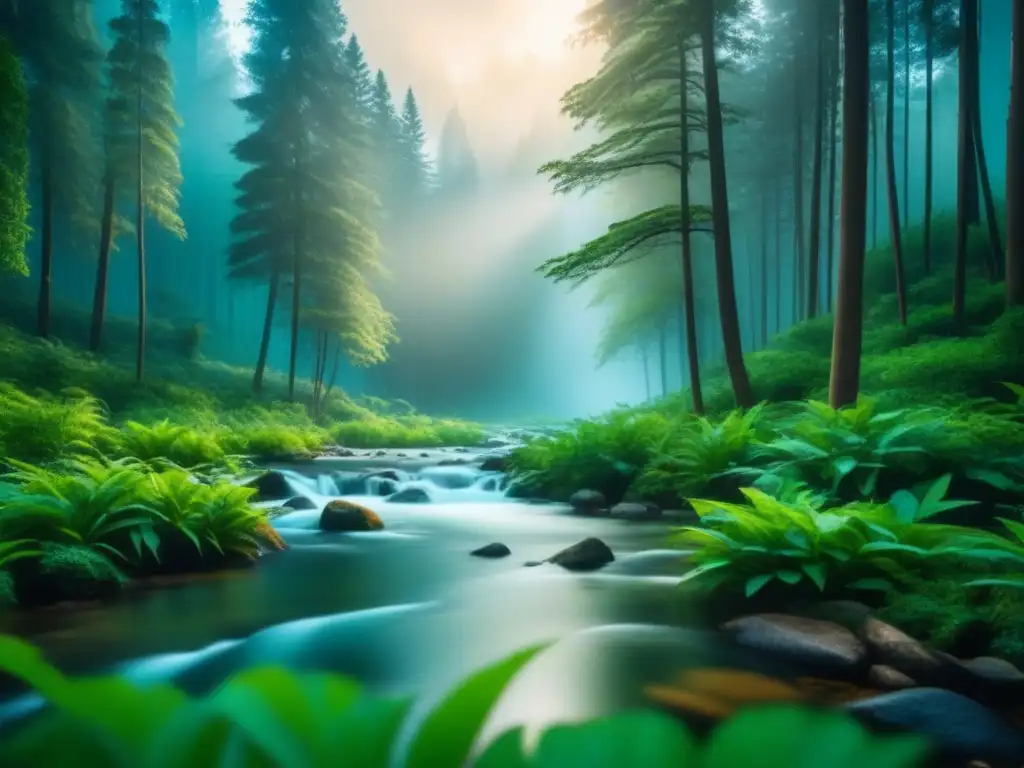 Escena virtual de baño en el bosque: serenidad y naturaleza Sumérgete en la tranquilidad de un bosque virtual en casa, con un arroyo sereno y frondosa vegetación