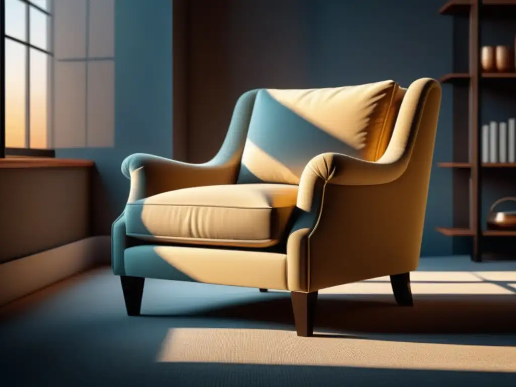 Silla de tela suave en ambiente acogedor Tapizados ideales para muebles relajantes: Una butaca acogedora en un ambiente iluminado por el sol, destacando su textura suave y elegante