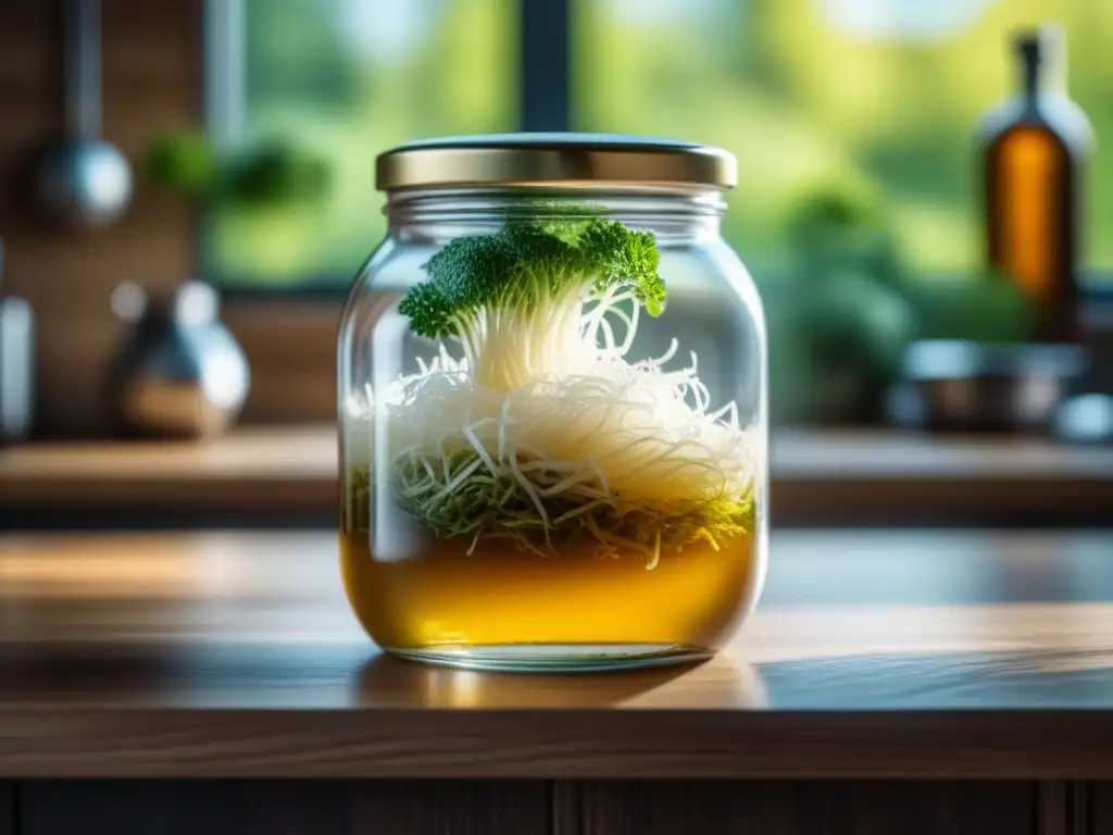 Sauerkraut casero: fermentación natural para bienestar Tarro de vidrio con chucrut casero probiótico y burbujas subiendo, en encimera de madera