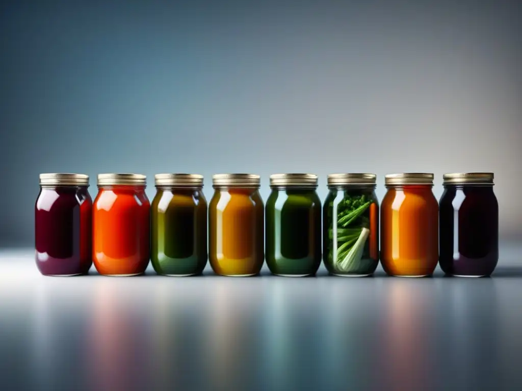 Delicadas fermentaciones vegetales en tarros de vidrio Tarros de vidrio con vegetales fermentados coloridos, perfectos para probióticos caseros para relajación profunda